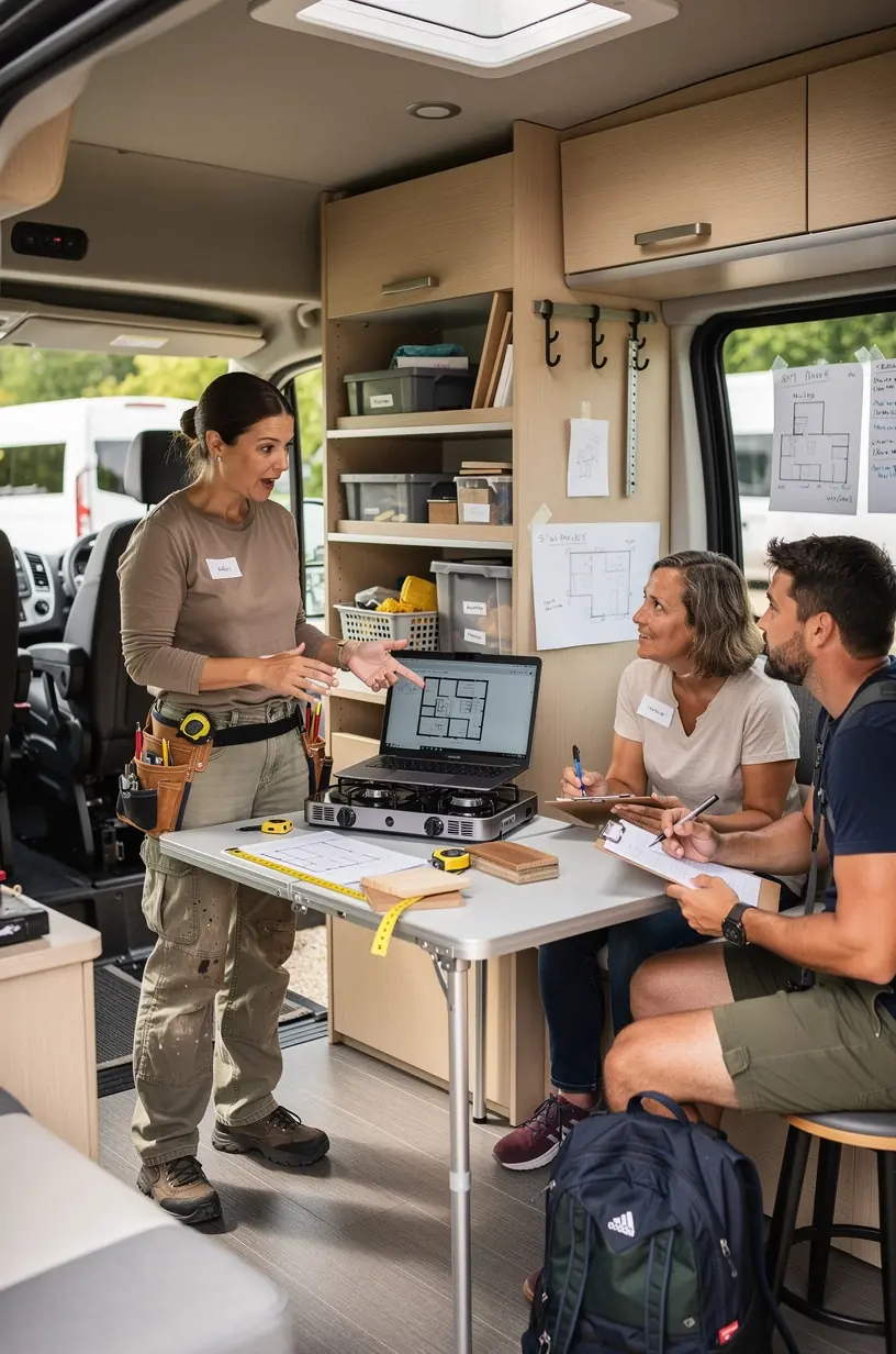 Туристы практикуются в установке функциональных элементов в салоне кемпера под руководством эксперта