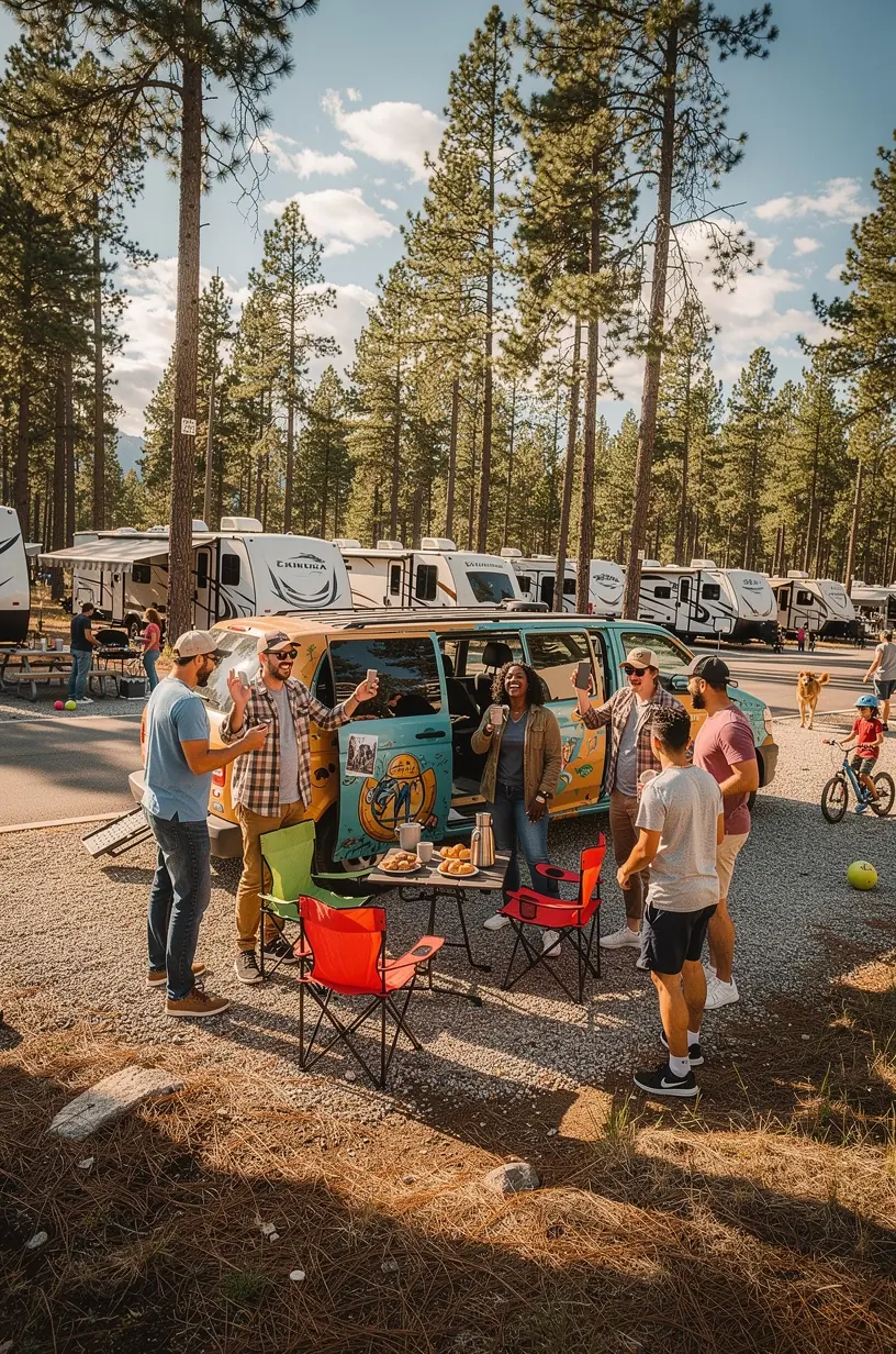 Участники семинара осматривают примеры готовых интерьеров кемперов, адаптированных для путешествий по США